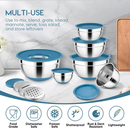 E-far 25PCS Mixing Bowls with Lid Set, Stainless Steel Nesting Prep Bowls with Grater Attachments Non-Slip Bottoms for Cooking, Serving, Food Storage, 4.6/2.6/2/1.5/1/0.7QT - Khaki