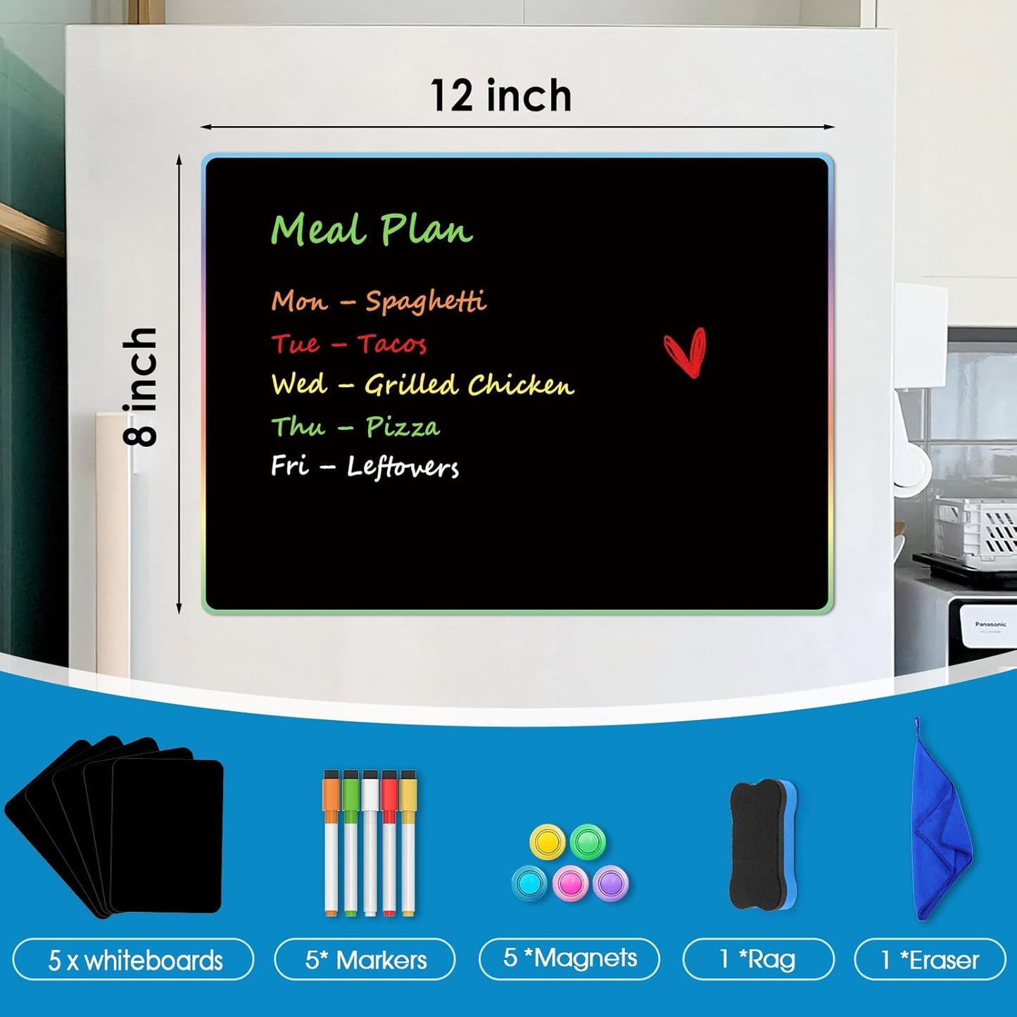 MaxGear 5 Pack Magnetic Whiteboard Sheets for Fridge, 12"x 8" Small Refrigerator Dry Erase Board for Kitchen Organizer and Planner, Smooth and Reusable, Includes 5 Markers, 5 Magnets and 1 Eraser