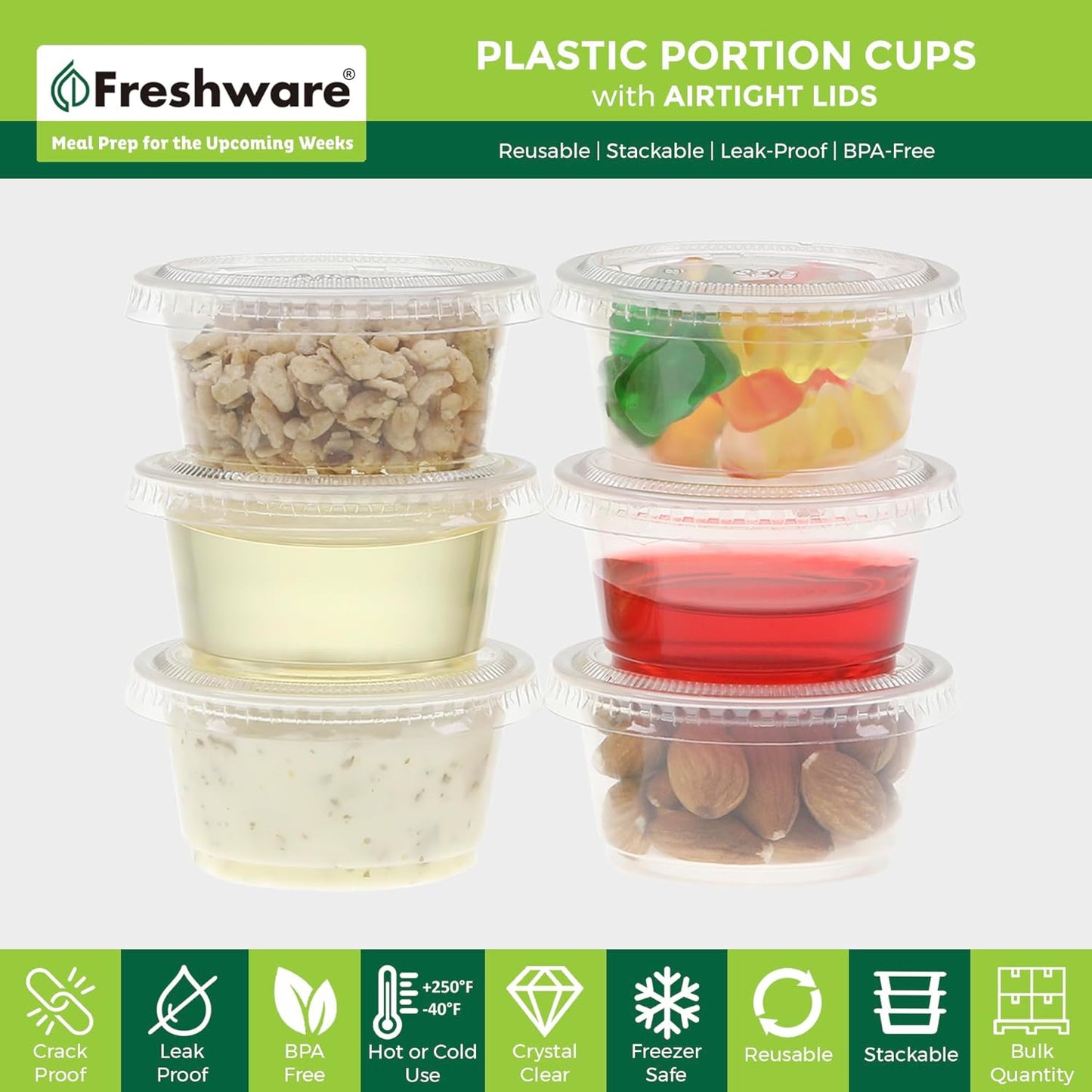 Freshware Plastic Portion Cups with Lids [2 Ounce, 200 Sets] Disposable Plastic Cups for Meal Prep, Salad Dressing, Jellos Shot Cups, Souffle Cups, Condiment and Dipping Sauce Cups