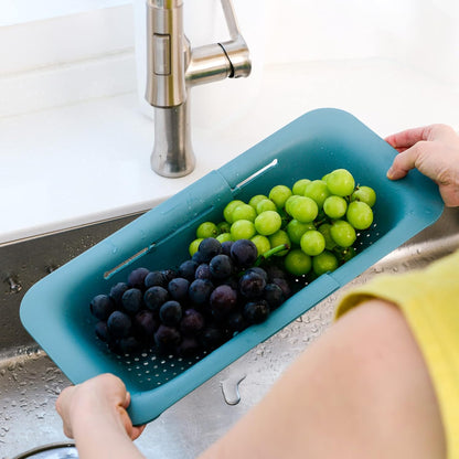 BLUE GINKGO Over the Sink Colander Strainer Basket - Wash Vegetables and Fruits, Drain Cooked Pasta and Dry Dishes - Extendable - New Home Kitchen Essentials (Grey, 1 Pack)