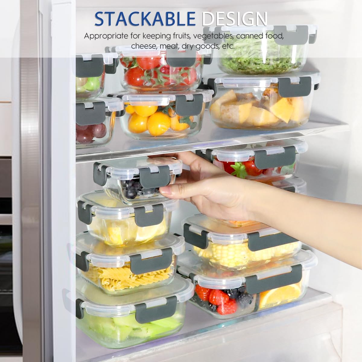 AMALEKO 42pcs Glass Food Storage Containers with Snap Locking Lids Set, Glass Meal Prep Containers (21 Container & 21 Lids),Leak Proof Lunch Containers BPA-Free,Black