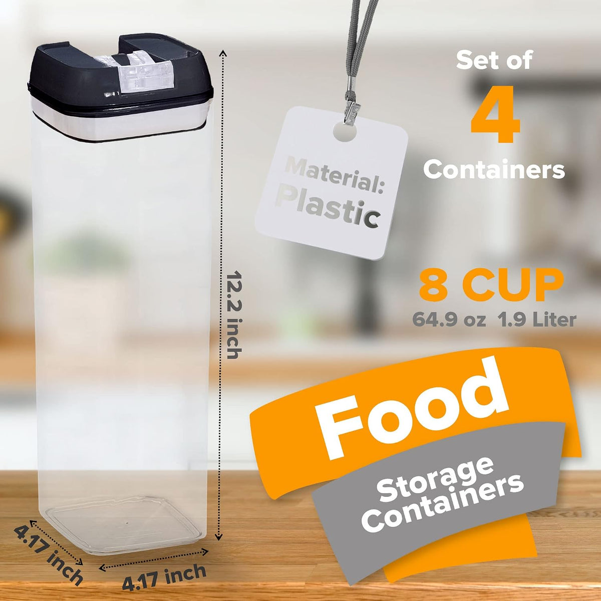 Cheer Collection One Size Airtight Food Storage Containers - Set of 4 IDENTICAL 65 oz Pantry Organizer Bins plus Marker and Labels - Black Lids