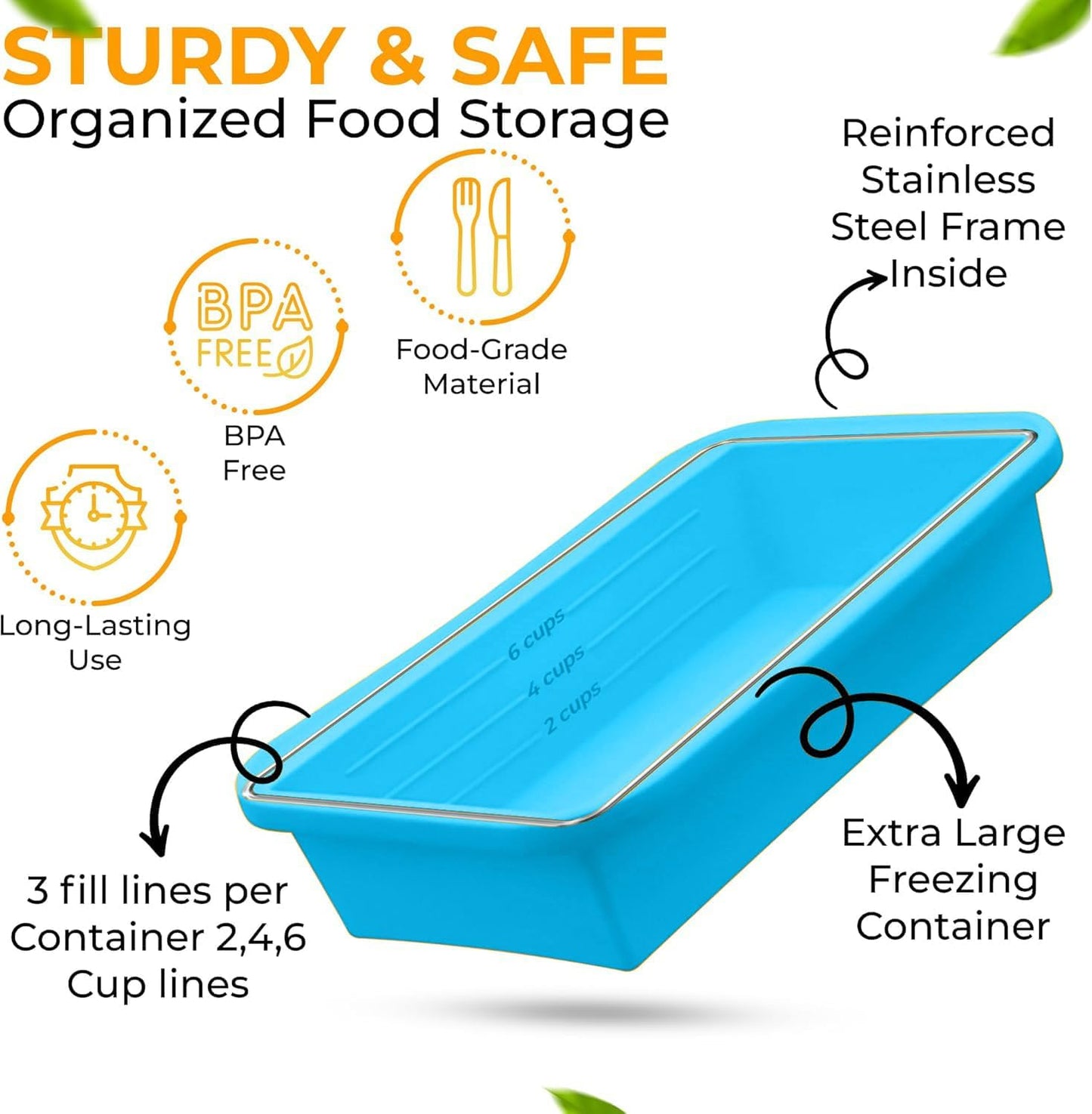 (2 Pack) Large Silicone Freezer Containers For Soup, Pasta Sauce, Leftovers, Broth & More - 6 Cup Reusable BPA Free Non Plastic Food Storage Freezing Ice Trays With Lids & Measurement Lines