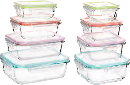 Vtopmart 8 Pack Glass Food Storage Containers with Airtight Lids, Glass Meal Prep Containers, Lunch Office Meal for Microwave, Oven, Freezer and Dishwasher, BPA Free