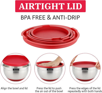 MARSKITOP Stainless Steel Mixing Bowls with Lids Set, Nesting Mixing Bowls with Airtight Lids, Measurement Marks and Red Non-Slip Bottoms, Great for Mixing and Serving, 3QT & 5QT