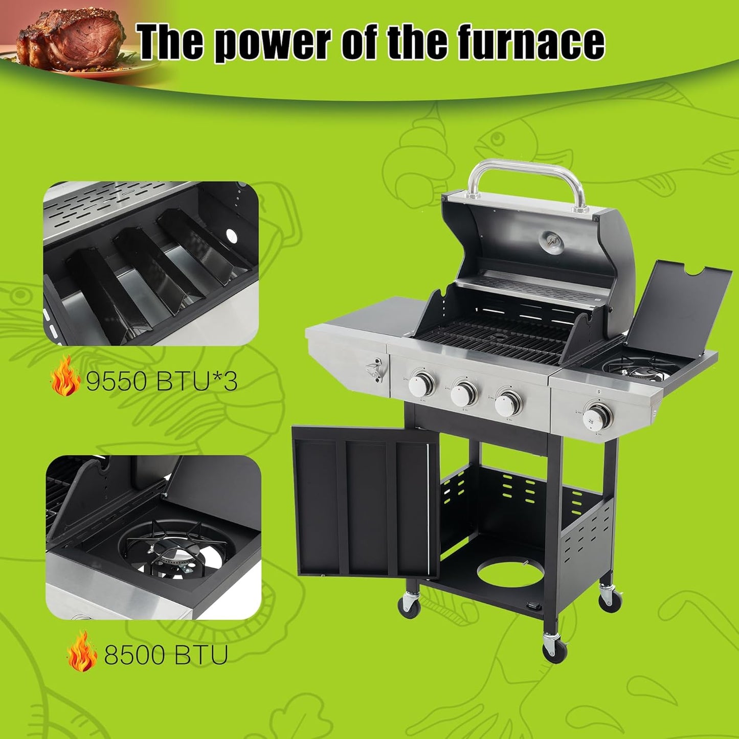 3-Burner Propane Gas Grill, 30,000 BTU Stainless Steel Outdoor BBQ Grill with Lid, Side Shelves & Wheels for Patio, Garden and Backyard Cooking