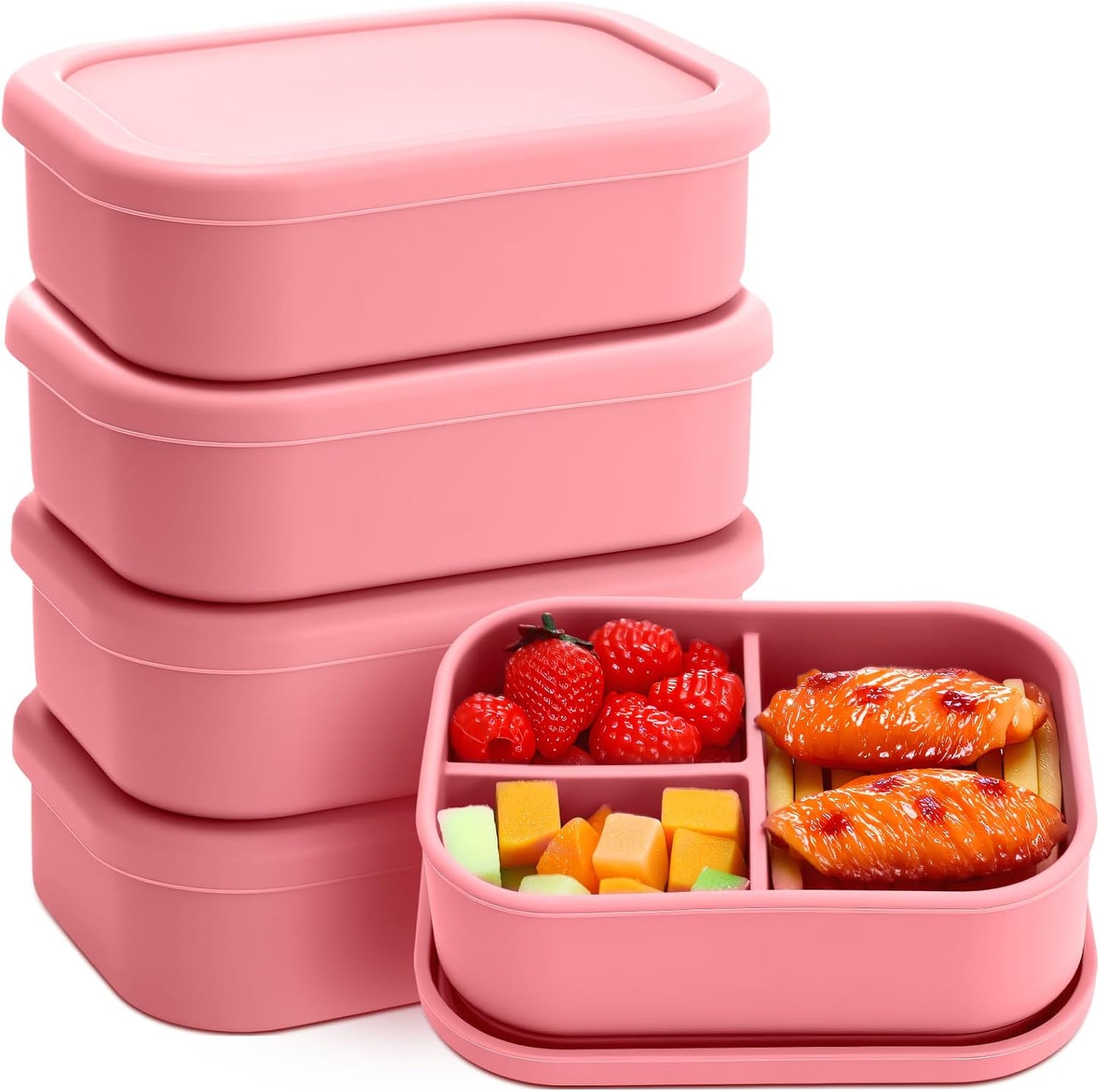 Honeydak 6 Pcs Silicone Bento Box Reusable Silicone Bento Lunch Container for Adults Microwave Dishwasher Freezer Safe 3 Compartment (Light Colors)