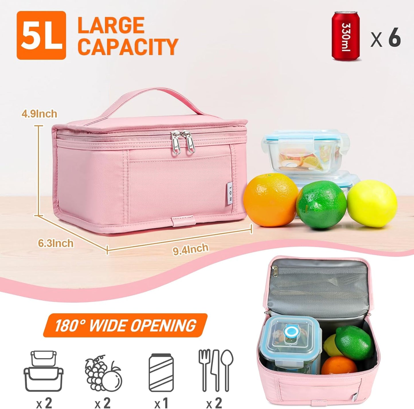 NOL Mini Insulated Lunch Bag for Women Men Kids | Small Leakproof Reusable Lunch Tote | Fits 6 Cans 330ml | Thermal Cooler for Work School Picnic Camping, Navy blue
