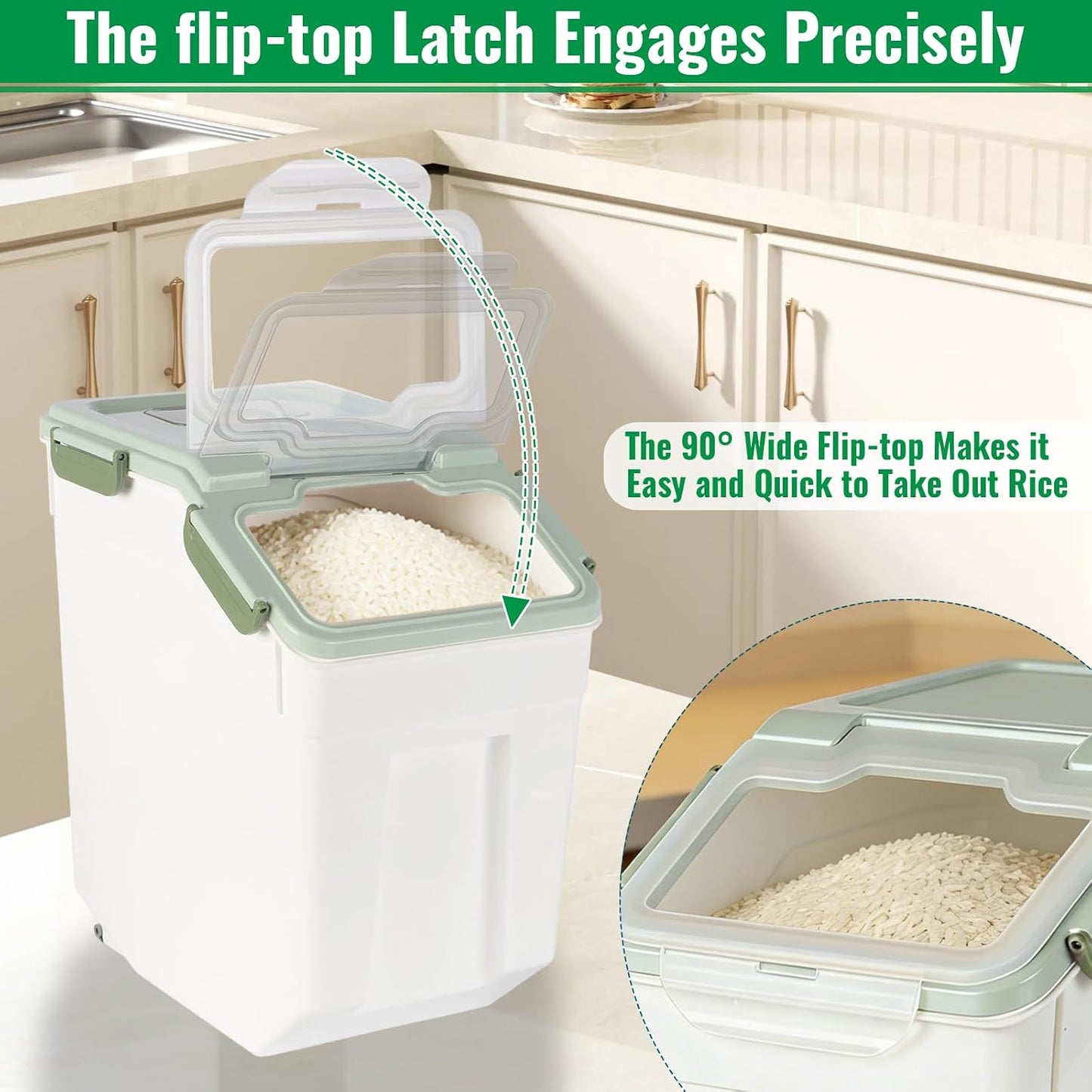 4 Pack Rice Container 25 lbs Large Bulk Flour Sugar Storage Holdhouse Plastic Grain Cereal Dry Goods Bin with Spoon and Measuring Cup for Kitchen Pantry Organization - Green