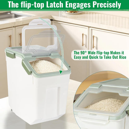 4 Pack Rice Container 25 lbs Large Bulk Flour Sugar Storage Holdhouse Plastic Grain Cereal Dry Goods Bin with Spoon and Measuring Cup for Kitchen Pantry Organization - Green