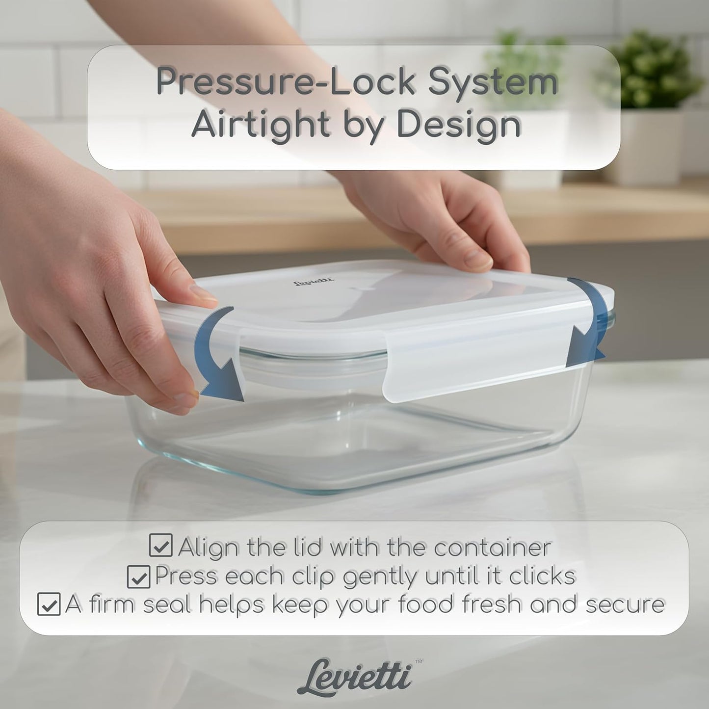 Levietti 2-Pack Borosilicate Glass Food Storage Containers with Lids 35oz (1040 ml) — Airtight Leakproof Meal Prep Containers, BPA-Free Snap Lock Lids, Oven Microwave Freezer Dishwasher Safe