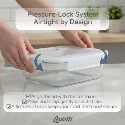 Levietti 2-Pack Borosilicate Glass Food Storage Containers with Lids 35oz (1040 ml) — Airtight Leakproof Meal Prep Containers, BPA-Free Snap Lock Lids, Oven Microwave Freezer Dishwasher Safe