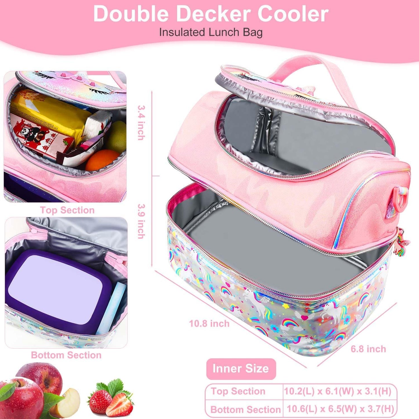 RHCPFOVR Kids Lunch Bag - Double - Decker Cooler Insulated Lunch Box for Boys Girls,Washable Lunch Bag with Strap and Reusable Toddler Lunchbox for School and Daycare
