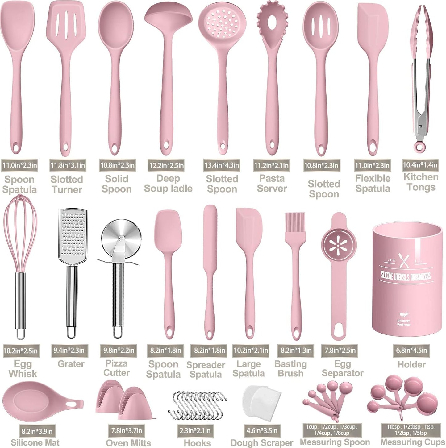 Silicone Kitchen cooking Utensils Set, AIKKIL 43 Pcs Heat Resistant Khaki Cooking Utensils Set, Turner, Tongs, Spoon, Spatula, Kitchen Gadgets Tools Set For Nonstick Cookware(Dishwasher, BPA Free)