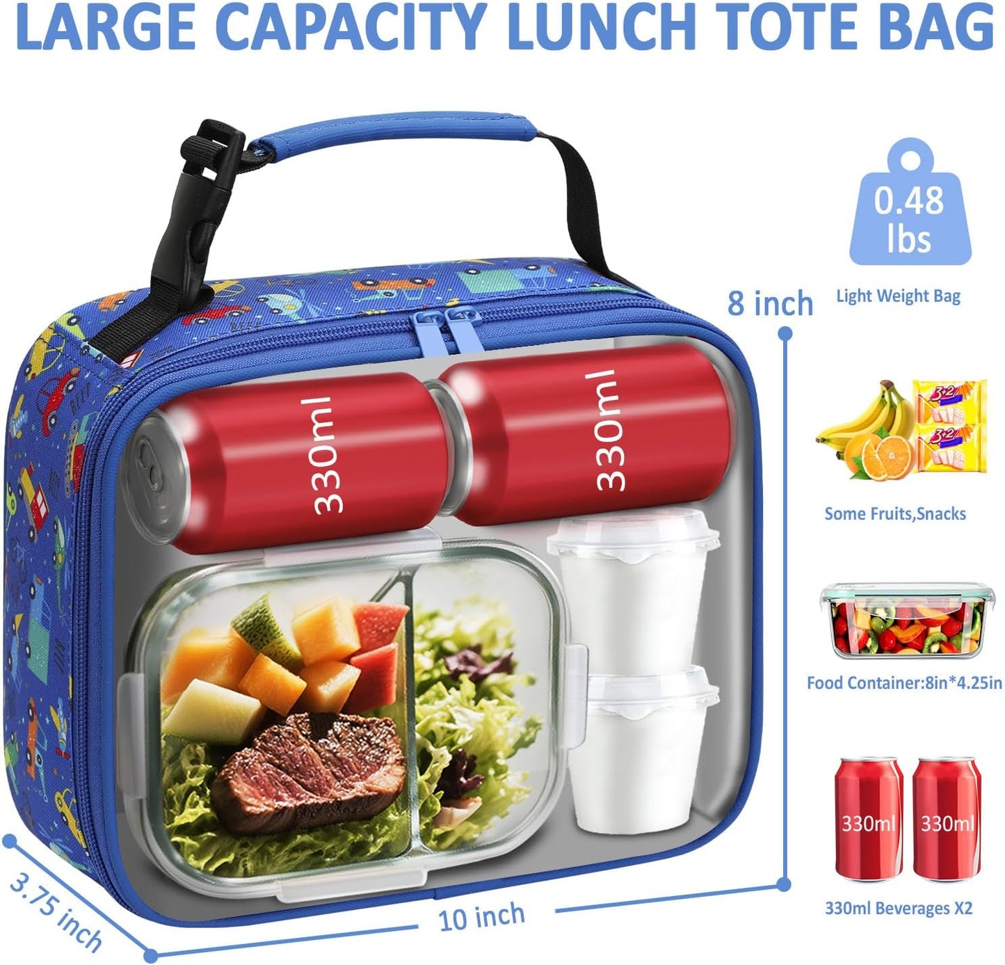 Lunch Box Kids Insulated Lunch Bag for Boys Girls Cute Reusable Lunch Tote Bag Waterproof Portable Thermal Lunch Box Kids for School Picnic Travel Black