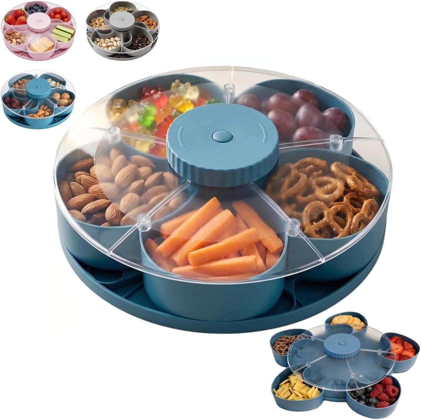 Rotating Flower Snack Serving Tray with Transparent Lid, 5-Compartment Petal Candy Dish & Nut Organizer, Creative Dried Fruit Storage Box for Living Room, Party, Home Decor (Gray)