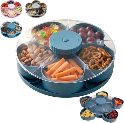 Rotating Flower Snack Serving Tray with Transparent Lid, 5-Compartment Petal Candy Dish & Nut Organizer, Creative Dried Fruit Storage Box for Living Room, Party, Home Decor (Gray)