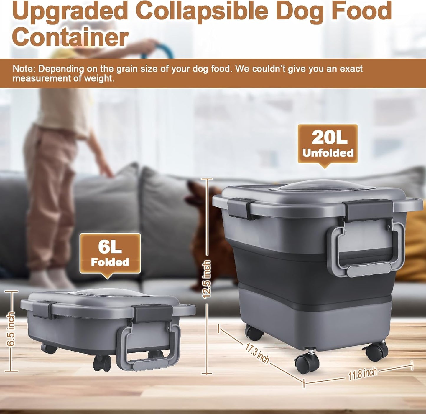 Dog Food Storage Container，10-25 lbs Airtight Collapsible Cat Food Storage Container with Attachable Wheels, Portable Handle, Dog Food Scoop for Dog Cat Bird Pet Dry Food Storage Bin Light Grey