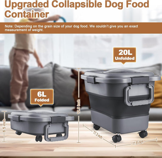 Dog Food Storage Container，10-25 lbs Airtight Collapsible Cat Food Storage Container with Attachable Wheels, Portable Handle, Dog Food Scoop for Dog Cat Bird Pet Dry Food Storage Bin Light Grey