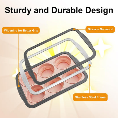 Silicone Muffin Pans for Baking with Metal Frame, 6 Cup Silicone Muffin Pan, Nonstick Cupcake Pan, BPA Free Muffin Tins Easy to Pop Cupcake Baking Pan Molds for Oven Dishwasher Safe Pink