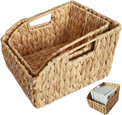 2Pcs Woven Basket, Water Hyacinth Wicker Storage Basket with Build-in Handle Rustic Pantry Baskets Organizer for Kitchen Shelves Organizing