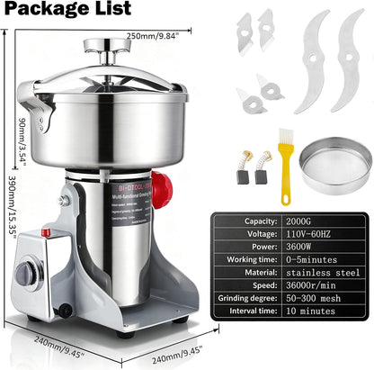 BI-DTOOL Electric Grain Mill Grinder 2000W Dry Material Grinding Machine 800g Stainless Steel Pulverizer 36000r/min High-speed Grain Mill 270° swingable Superfine powder for Home and Commercial 800g