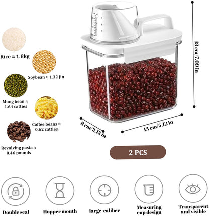 Container Sets, Rice Container, 2PCS 1100ml Airtight Cereal Storage Container with Measuring Cup & Pour Spout, Clear Plastic Rice Holder, Grain Dispenser with Handle for Flour, Sugar, Candy, Oatmeal