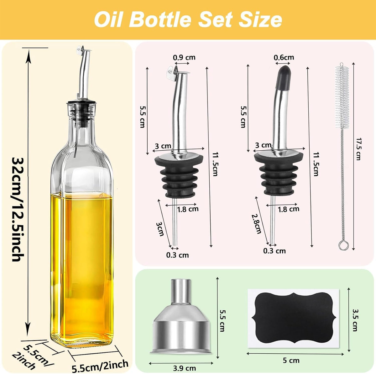 Green Olive Oil Dispenser Bottle - 17oz/500ml Glass Oil and Vinegar Bottles Set for Kitchen, Oil Dispenser with 2 Stainless Steel Pourers, Funnel and Brush