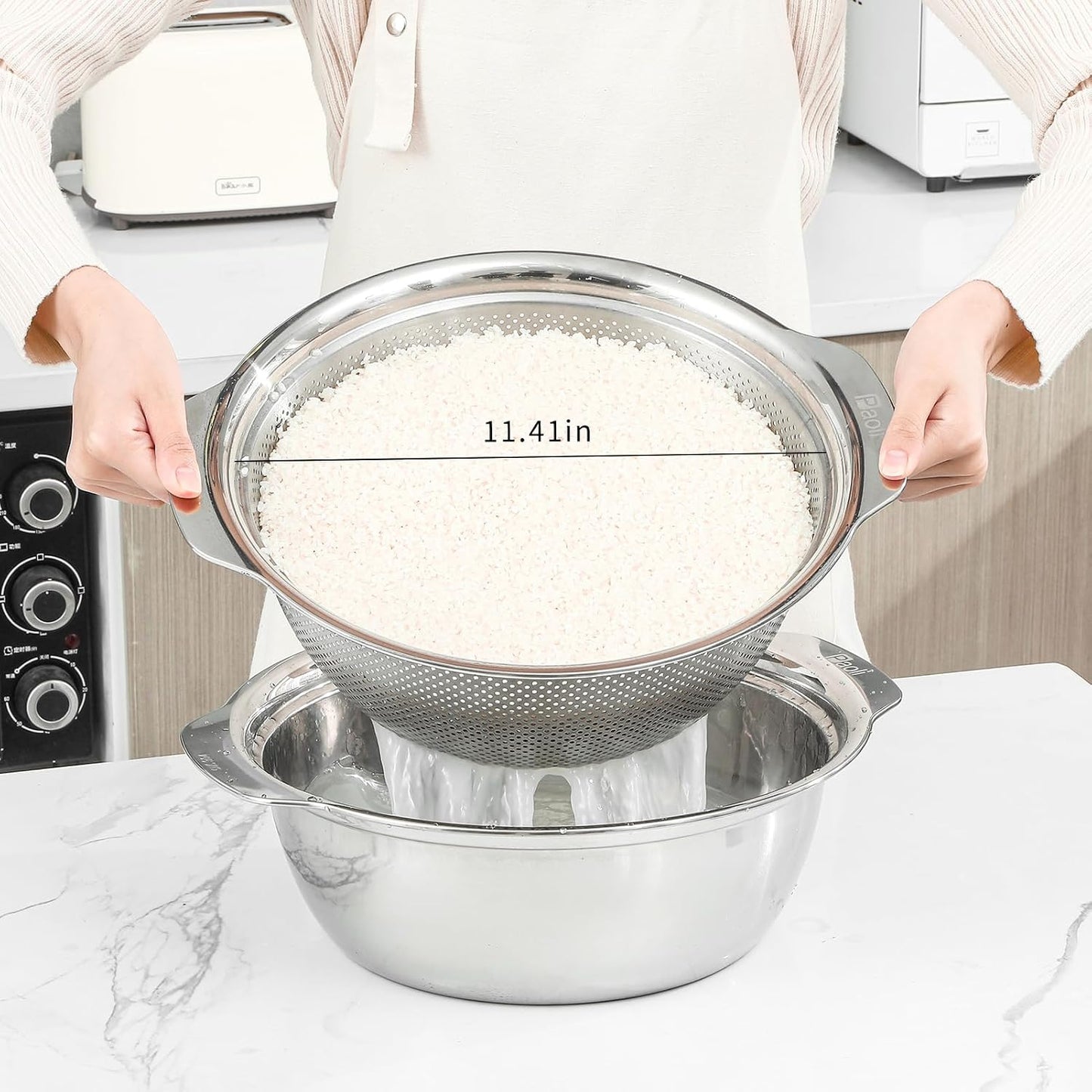 Paoli 304 Stainless Steel Fine Mesh Colander Set, 3.5QT Large Capacity Strainer with Mixing Bowl — Rinse Fruits, Veggies, Rice & Drain Pasta, Dishwasher Safe (2-Piece)
