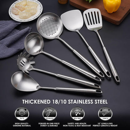 18/10 Stainless Steel Kitchen Utensils Set - 12 PCS All Metal Cooking Tools & 15″ Serving Utensils - Potato Masher, Meat Fork, Tongs, Turner, Pasta, Serving Spoon, Skimmer, Ladle, Spatula Spoon Set