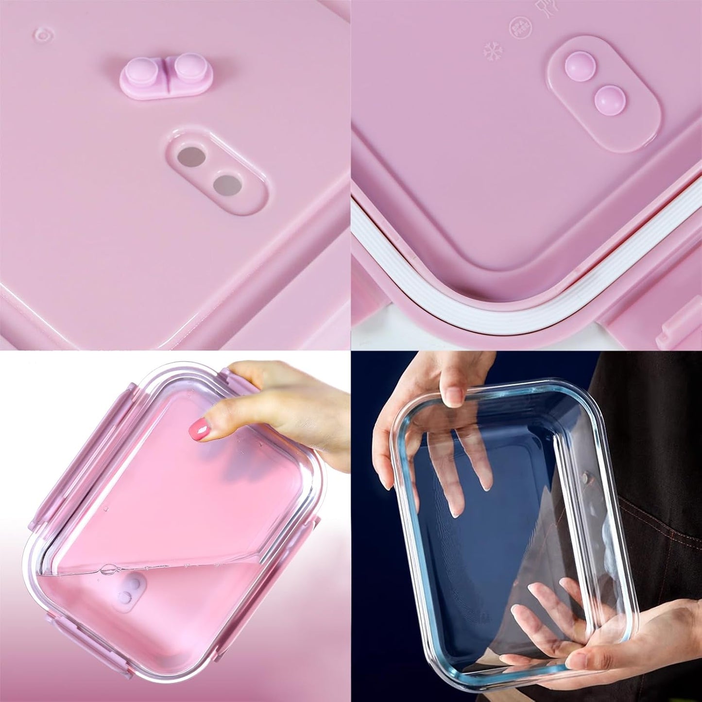 6 Pieces Rectangle Glass Food Storage Containers with Lids, Meal Prep Containers for Food Storage, BPA Free & Leak Proof (3 lids & 3 Containers) 13.9oz, 24oz, 35oz (Pink)