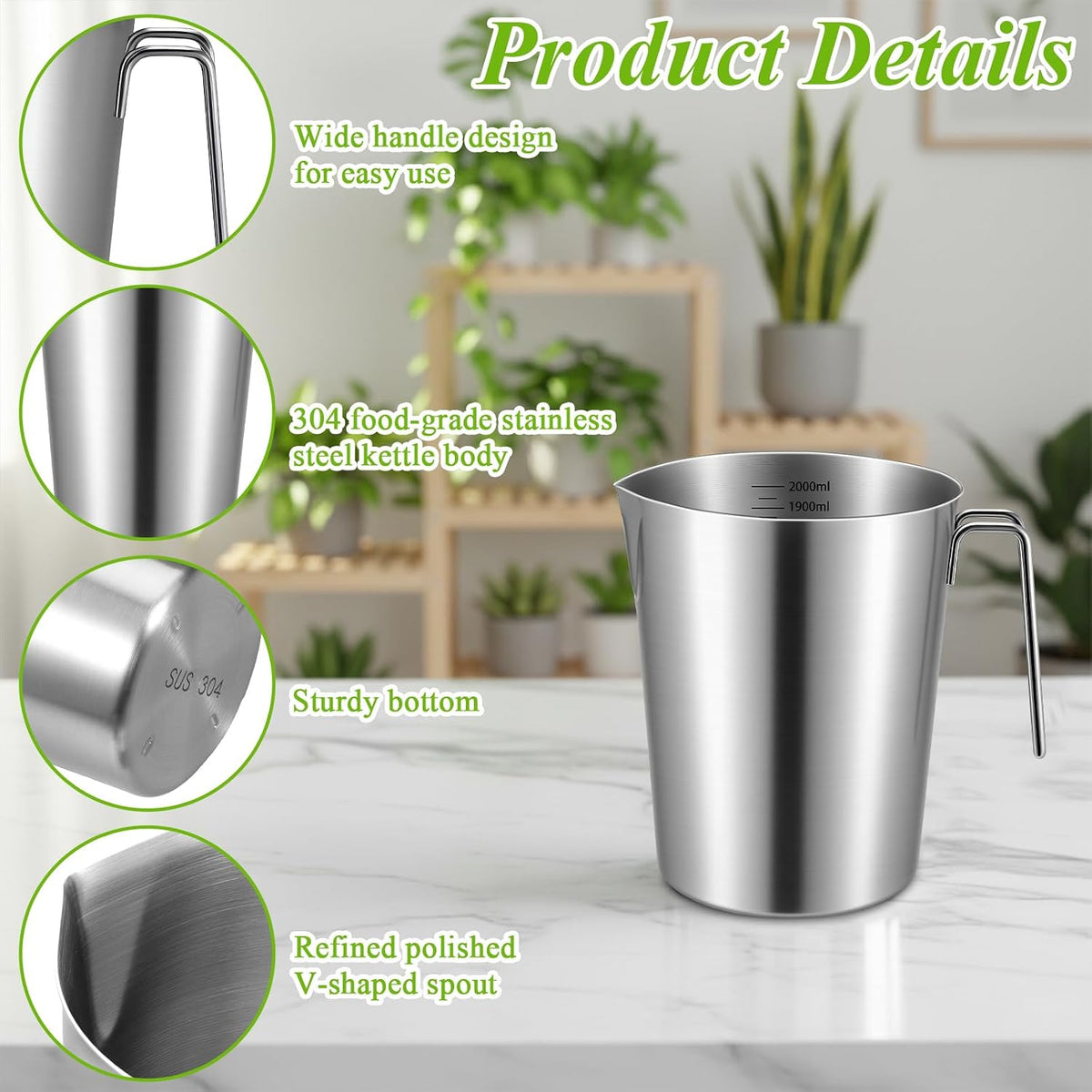 2L 18/8 Stainless Steel Measuring Cup with Handle and Pour Lip, 304 stainless pitcher with marking with handle, 68OZ/2 Liter- 8 Cup, Heavy-Duty Pitcher