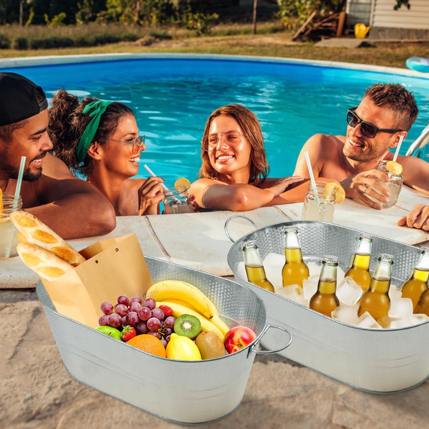 3 PCS 15.3 x 9 x 6 inches Black Metal Galvanized Tub with Handles, 3 Gallon Galvanized Beverage Tubs for Parties, Large Metal Drink Ice Buckets for Beer, Wine, Cocktails & Outdoor Events