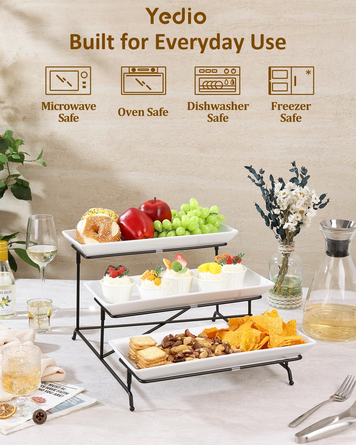 Yedio 3 Tier Serving Trays for Party, Porcelain Serving Platters and Trays, 12 Inch Tiered Tray Stand, Fruit Tray, Trays for Serving Food, White Dessert Stand with Collapsible Sturdier Metal Rack