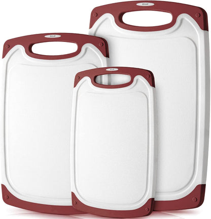 Zulay Kitchen (3-Piece Set) Cutting Boards For Kitchen Dishwasher Safe - Plastic Cutting Board Set - Non Slip Kitchen Cutting Board With Juice Groove - Multiple Sizes (White/Red)