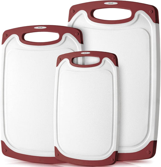 Zulay Kitchen (3-Piece Set) Cutting Boards For Kitchen Dishwasher Safe - Plastic Cutting Board Set - Non Slip Kitchen Cutting Board With Juice Groove - Multiple Sizes (White/Red)