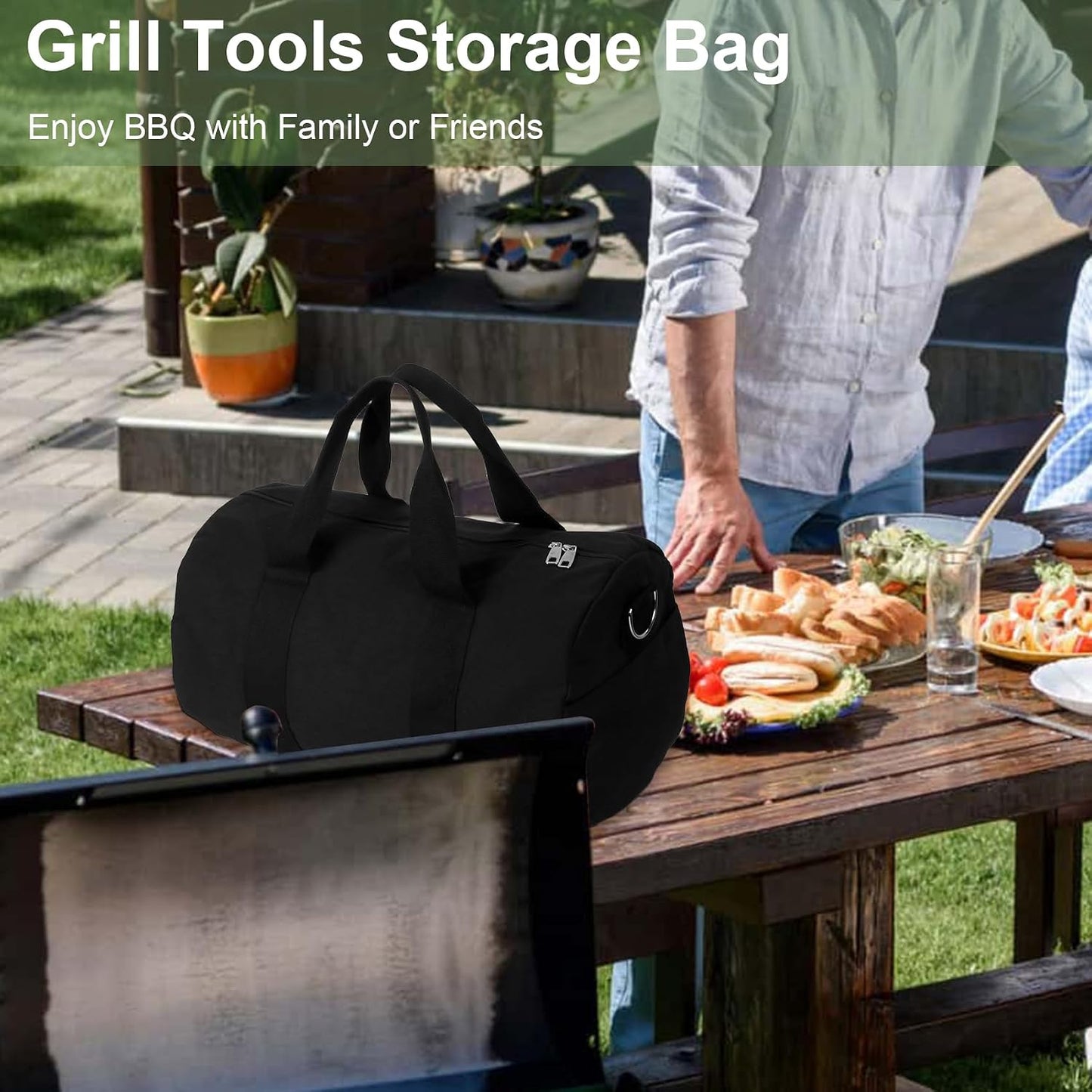 BBQ Tool Storage Bag, with Inner Pockets and Shoulder Strap, Black Outdoor Camping Barbecue Carry Bag, Grill Accessory Storage, BBQ Gifts for Men, 18.1 * 10.6 * 10.6 inches