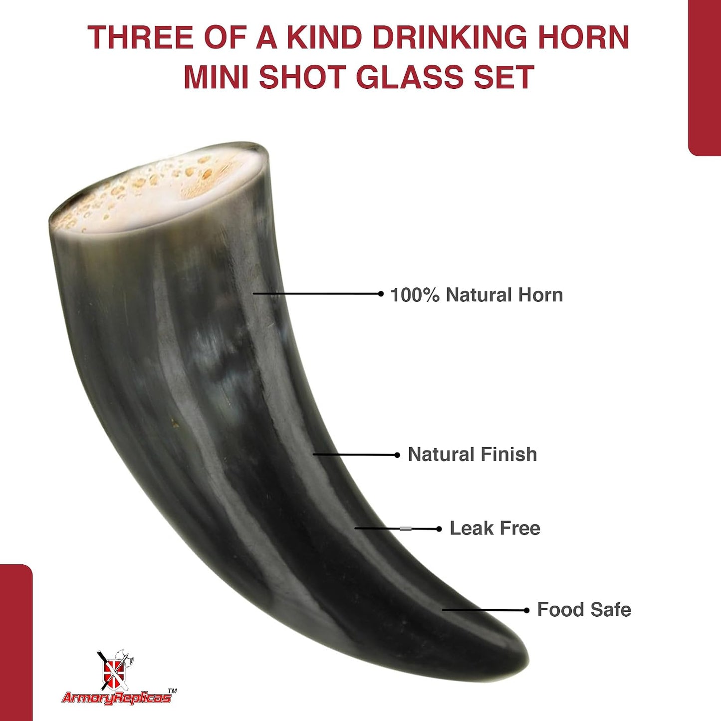 Armory Replicas™ 3-Piece Buffalo Drinking Horn Set – Handmade Natural Horn Cups with Earth Design, Viking Style Mead Ale Wine Cups for Feasts, Parties & Collectors