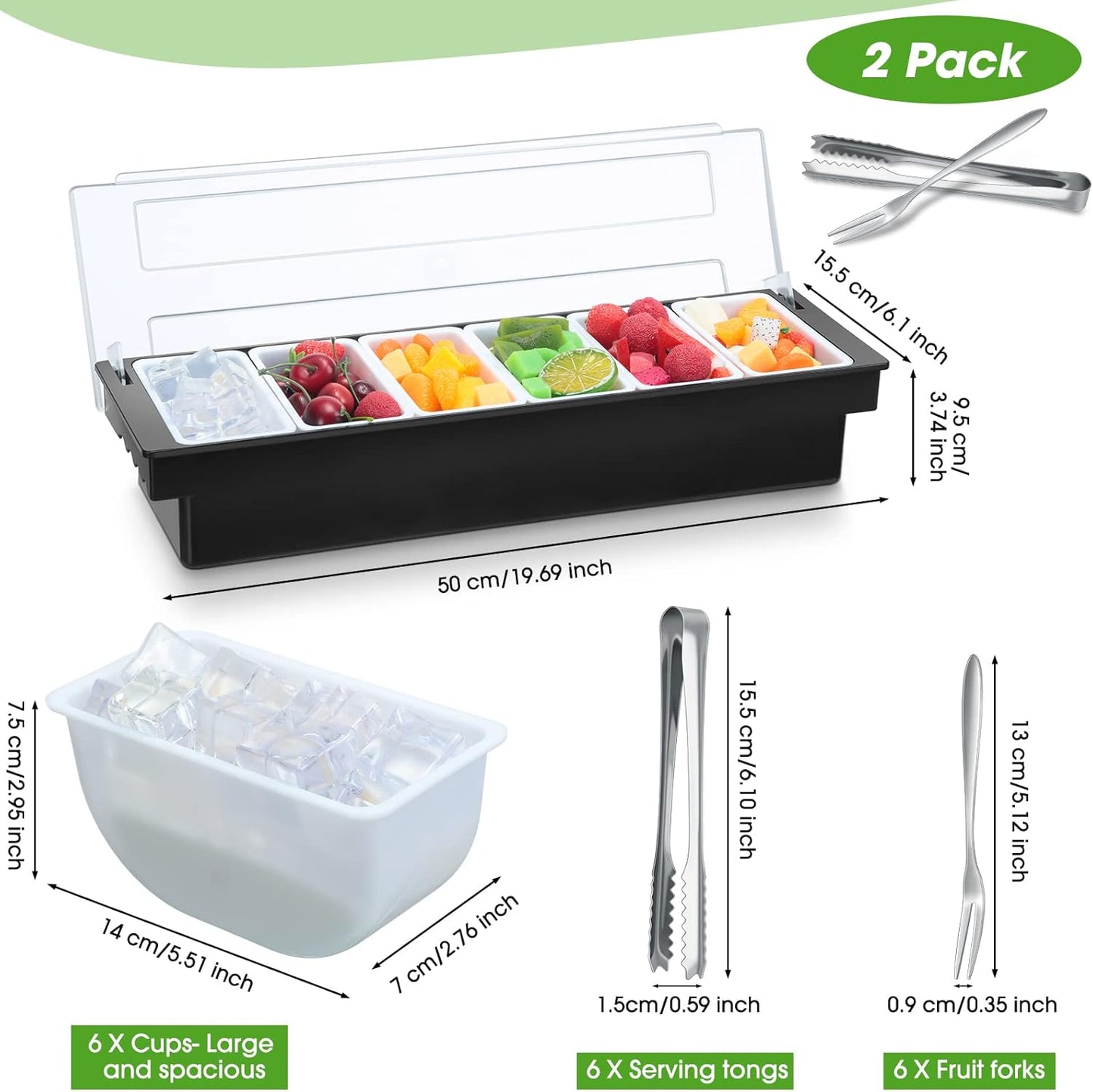 2 Ice Cooled Garnish Tray Deck Bar Garnish Caddy Condiment Containers with Lids and Removable Chilled Condiment Server with 6 Tongs and 6 Fruit Forks (6 Compartments)