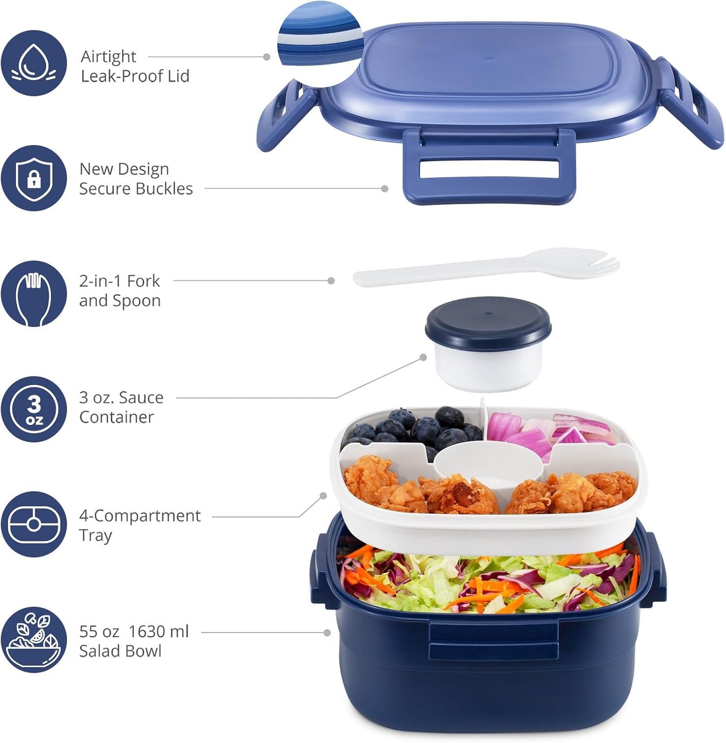 Salad Container for Lunch - 55 oz Salad Bowl with 4-Compartment Bento-Style Tray, 3 oz Sauce Box, Reusable Spork & BPA-Free, Lunch Box for Meal Prep & Food Storage(Gray)