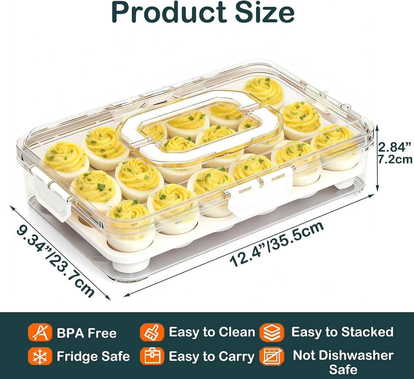 2 Pack Deviled Egg Containers with Lid, Detachable Deviled Egg Platter, Durable Clear Plastic Deviled Egg Carrier Storage 48 Eggs, Stackable Deviled Egg Tray for Fridge Party & Picnics-White