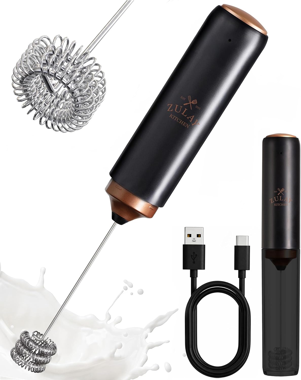 Zulay Kitchen Rechargeable Milk Frother Handheld - Frother Wand, Drink Mixer, Electric Whisk Frother, for Cappuccinos, Matcha & Protein Powder - Dynamic 3 Whisk, 3 Speed 500mAh Black - Colors A