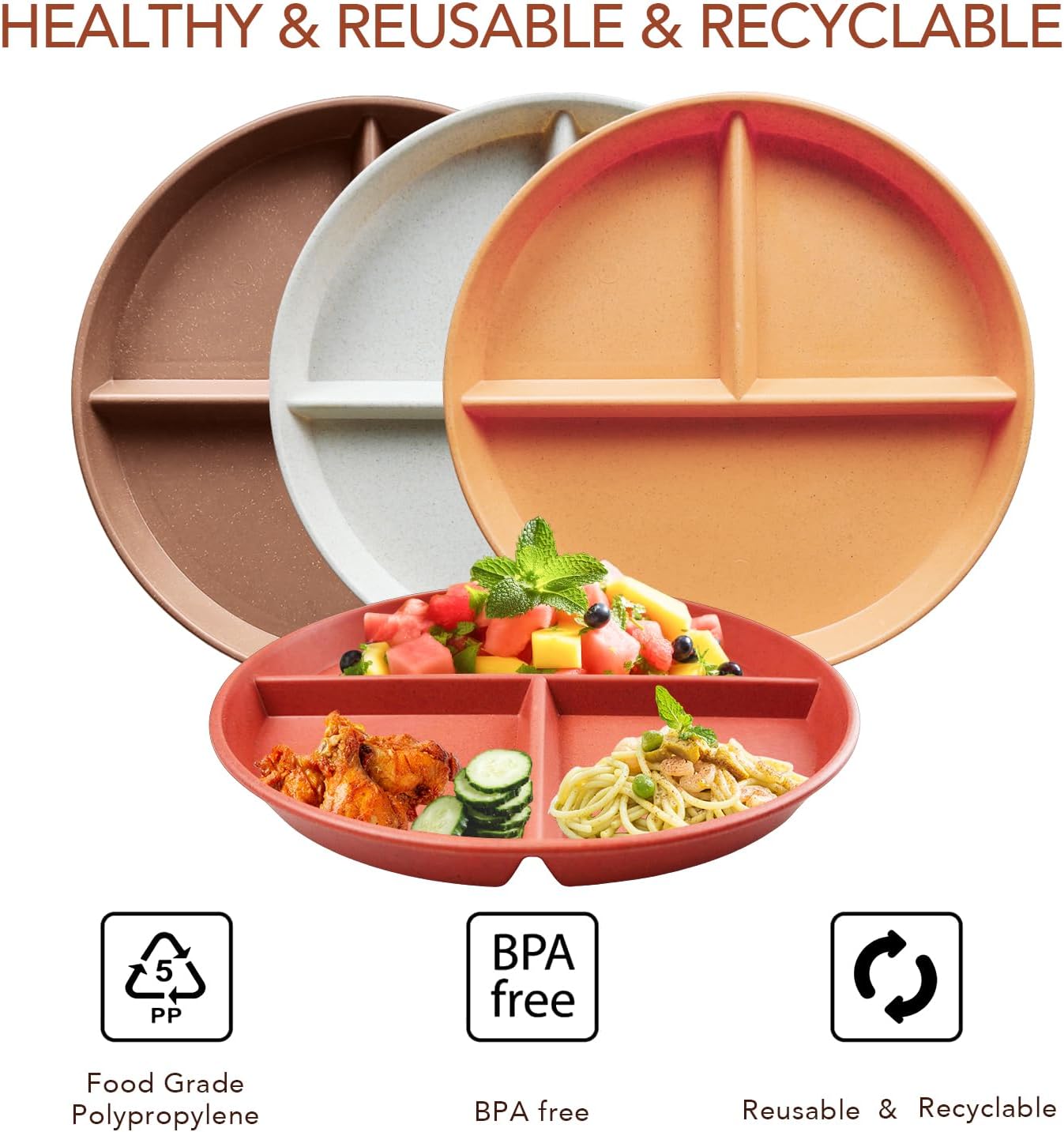 greenandlife 9 Inch 4PCS Portion Control Plates with Lids, Divided Plates for Kids Adults, Dishwasher Microwave Safe Compartment Plate, Unbreakable Lightweight Reusable Wheat Straw Plate, Earth Tone