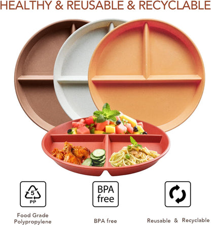greenandlife 9 Inch 4PCS Portion Control Plates with Lids, Divided Plates for Kids Adults, Dishwasher Microwave Safe Compartment Plate, Unbreakable Lightweight Reusable Wheat Straw Plate, Earth Tone