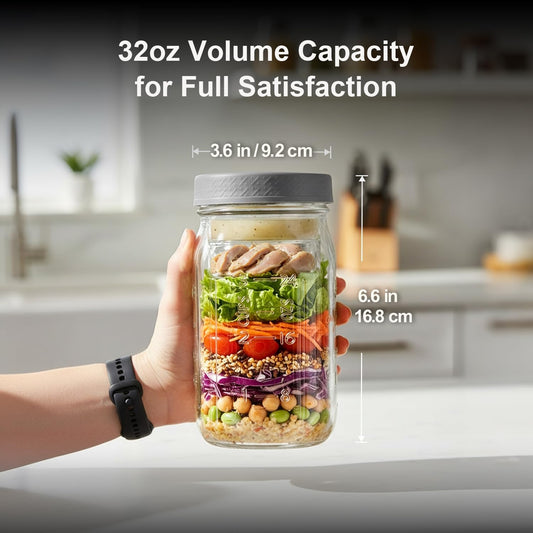 ComSaf 32oz Glass Salad Jars for Meal Prep 4-Pack, Round Mason Salad Jars with Dressing Cup & Leakproof Lid, Anti-Soggy Salad Shaker for Office & Fitness, Precision Portion Control, Wellness