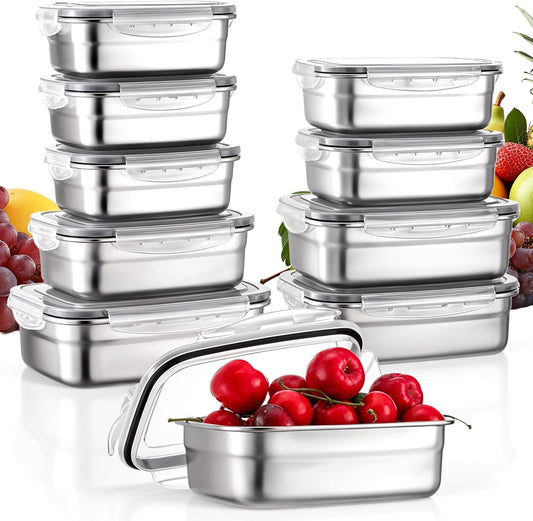 10 PCS 304 Stainless Steel Food Storage Containers with Proof & Airtight Lids, Reusable Meal Prep Containers, Lunch Boxes, Kimchi, ContainersOven/Dishwsher/Freezer Safe
