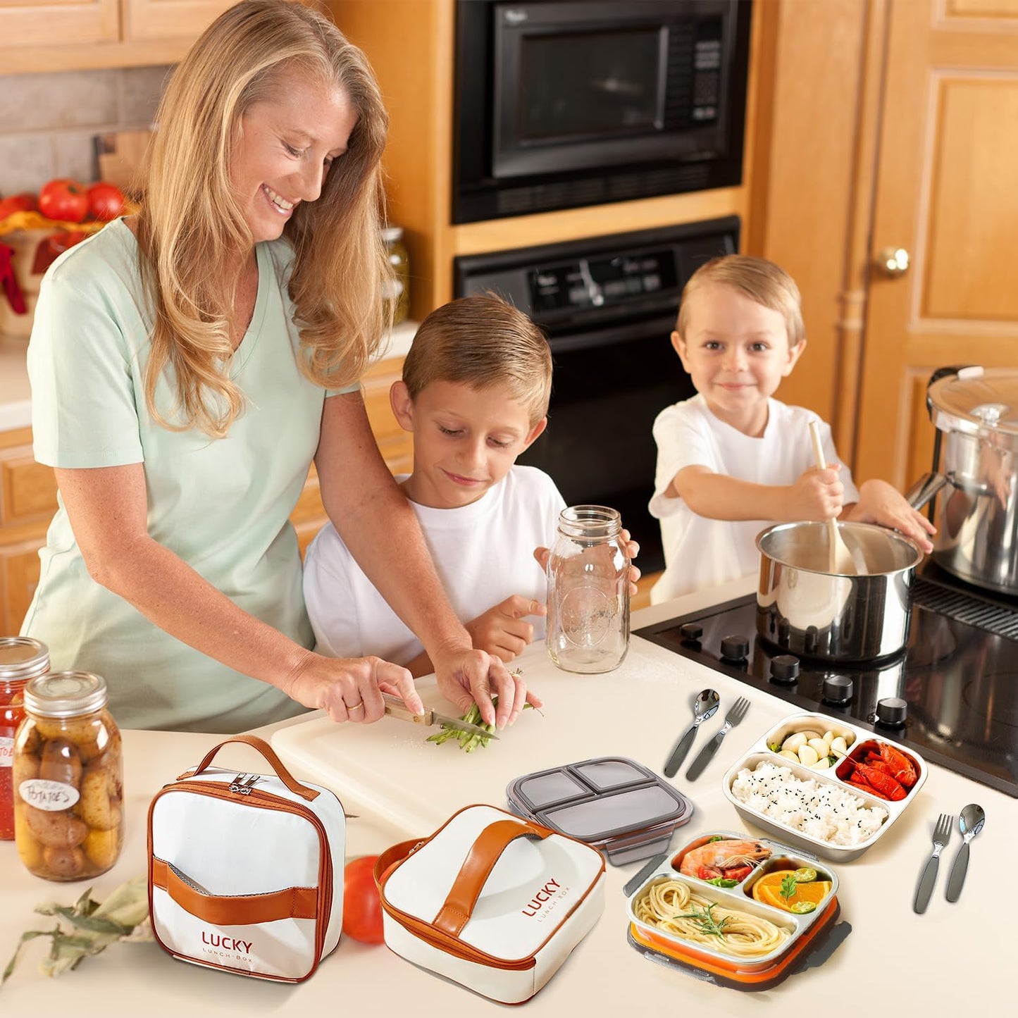 stainless steel lunch box for kids with lids & Spoon Fork & Insulated Bag, Leak-Proof 3 Compartment Food Containers, Food-Grade 304 Stainless Steel, Ideal for Home, Travel (Transparent black)