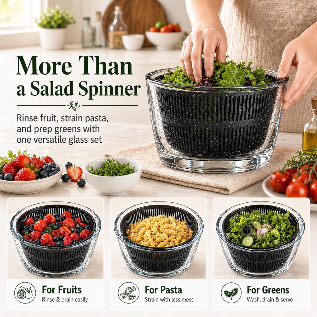 Large 5.2 Qt Glass Salad Spinner with Storage Lid Glass Bowl Black