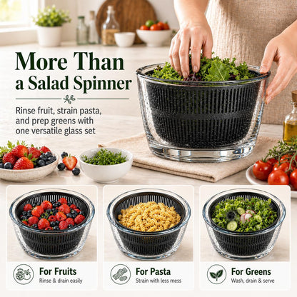 Large 5.2 Qt Glass Salad Spinner with Storage Lid Glass Bowl Black