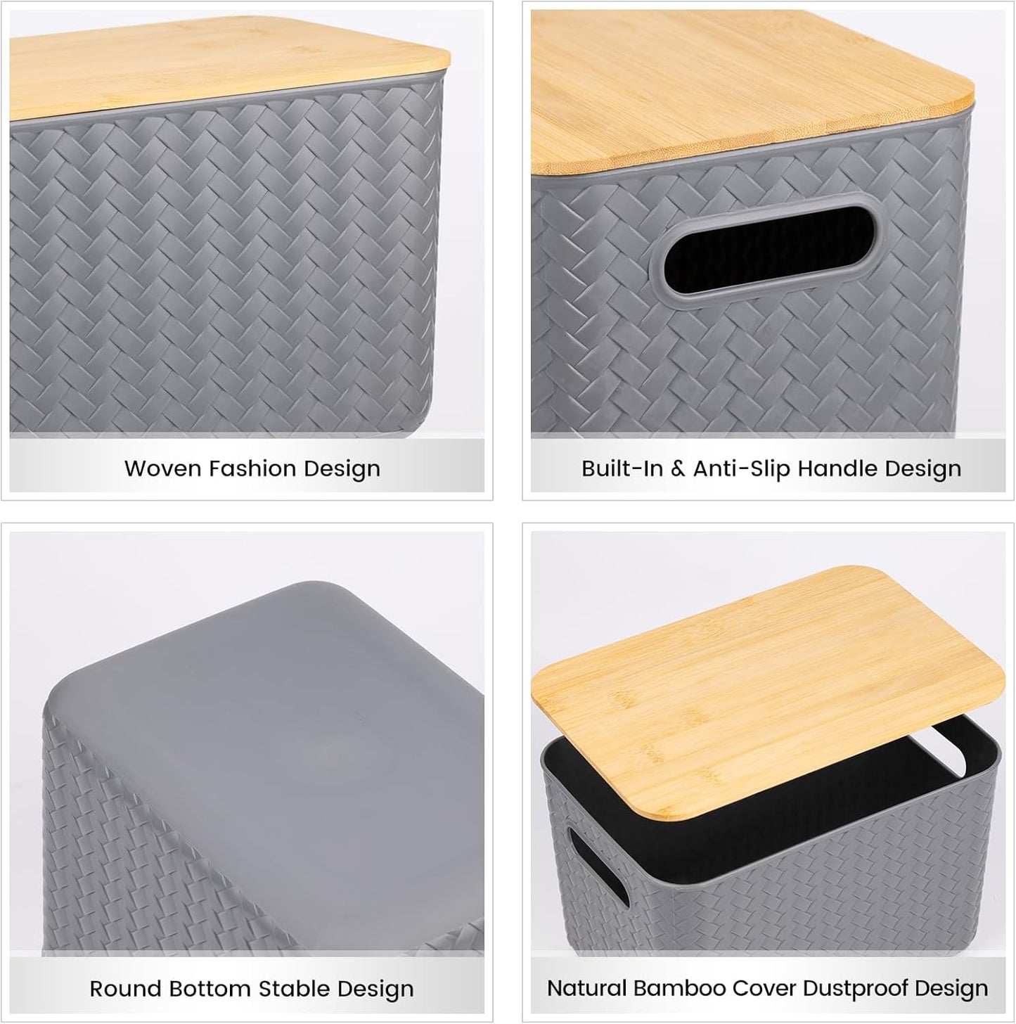 Ohmlove 4 Packs Storage Bins with Bamboo Lids - Plastic Storage Containers with Lids Stackable Storage Box：Storages Baskets for Organizing Desktop Closet Playroom Classroom Office,White